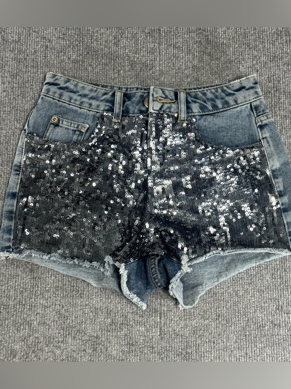 Topshop Sequin Denim Shorts Festival Core Eras Tour Glam Rock Nashville 2 Rave